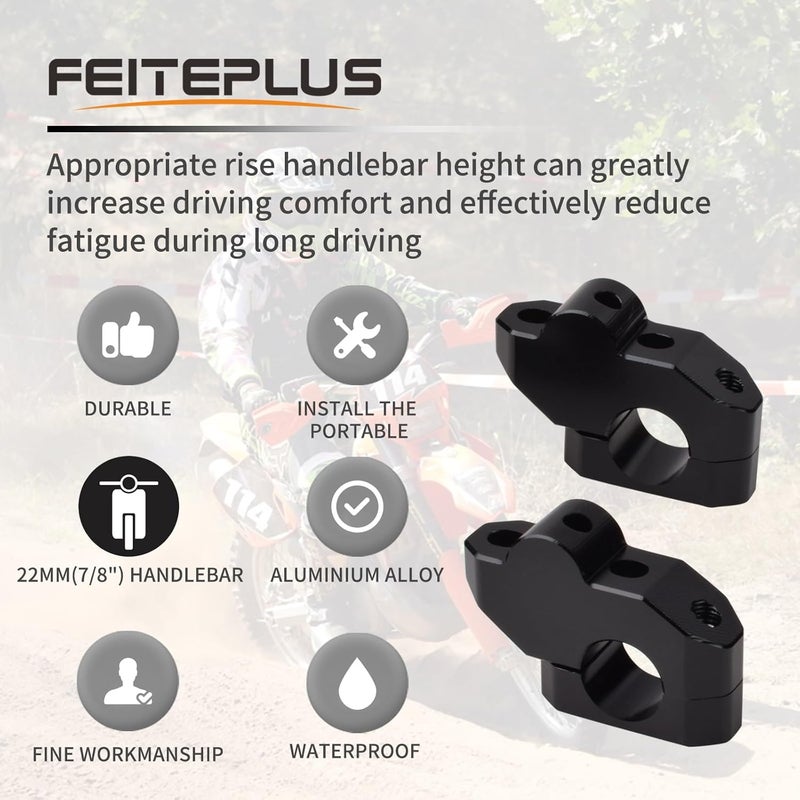 Feiteplus 7/8" Universal Handlebar Bar Risers Motorcycle Bar Clamps For Motorbike Pit Dirt Bikes Black Riser Extend, Height 26 mm(1.02"), 20mm (0.79") Backward or Forward, Black - Image 2